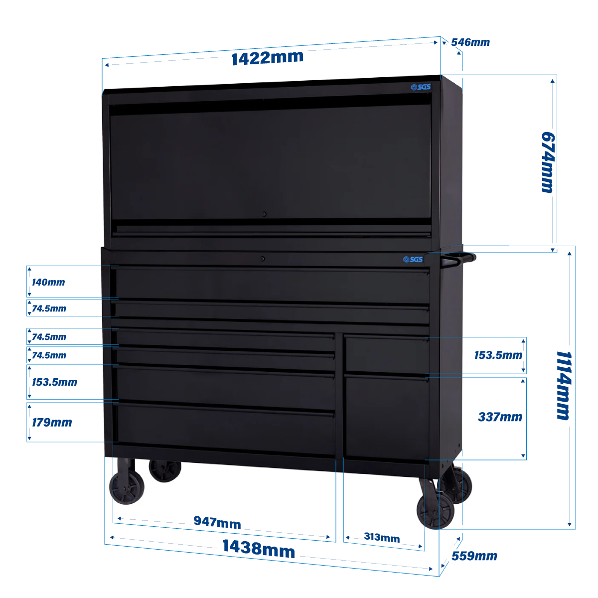 SGS 56in Roller Cabinet and Top Hutch | 8 Drawers | Black